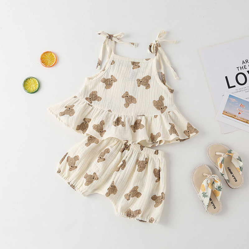 Baby Girl Small-Bear Cartoon Pattern Flounce Design Sleeveless