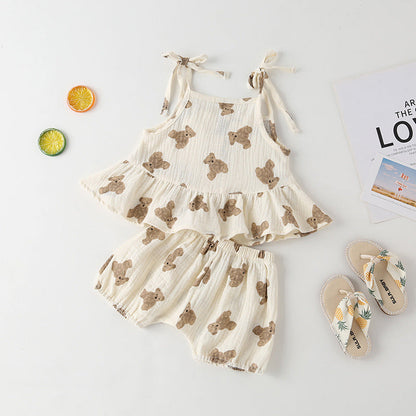 Baby Girl Small-Bear Cartoon Pattern Flounce Design Sleeveless