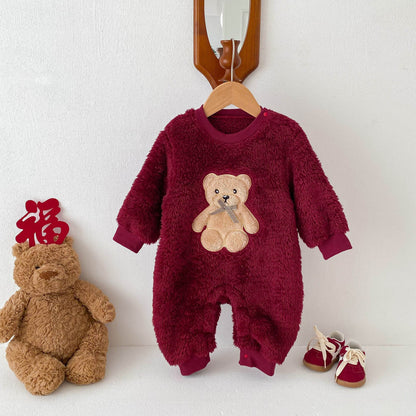 Cute And Cozy Baby Teddy Bear Romper For Autumn/Winter Outings – Red