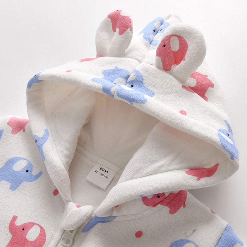 Baby Cartoon Elephant Pattern Zipper Front Design Rompers With Hat
