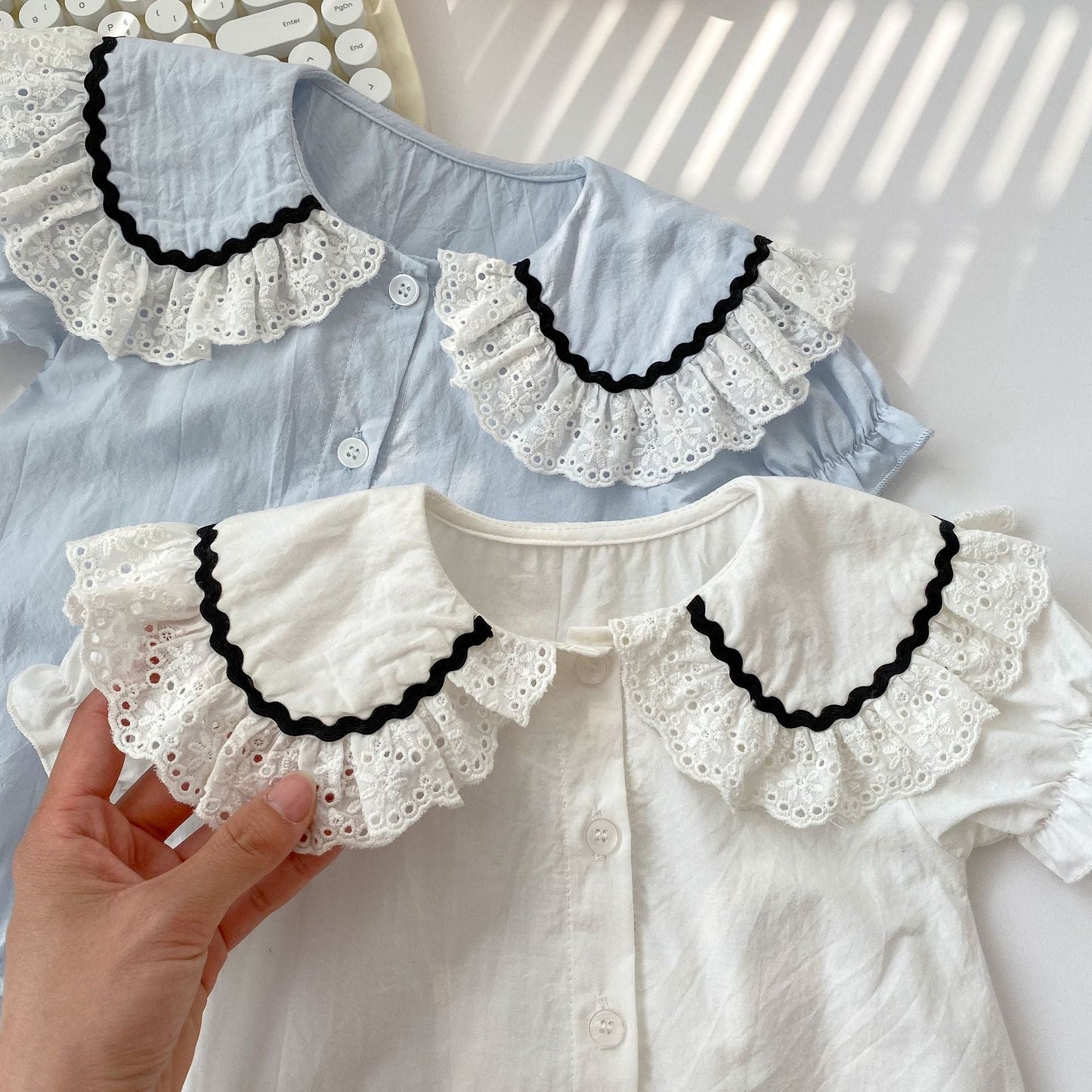 Baby Girl Solid Color Ruffle Neck Short Sleeve Onesies