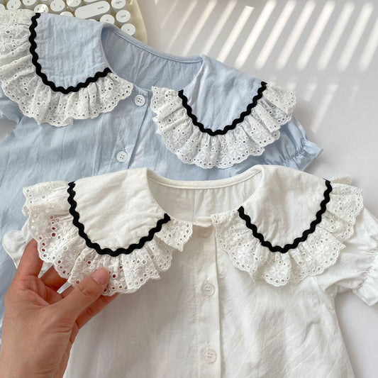 Baby Girl Solid Color Ruffle Neck Short Sleeve Onesies