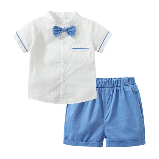 Baby Boy Solid Color Single Breasted Design Bow Tie Shirt Combo Shorts