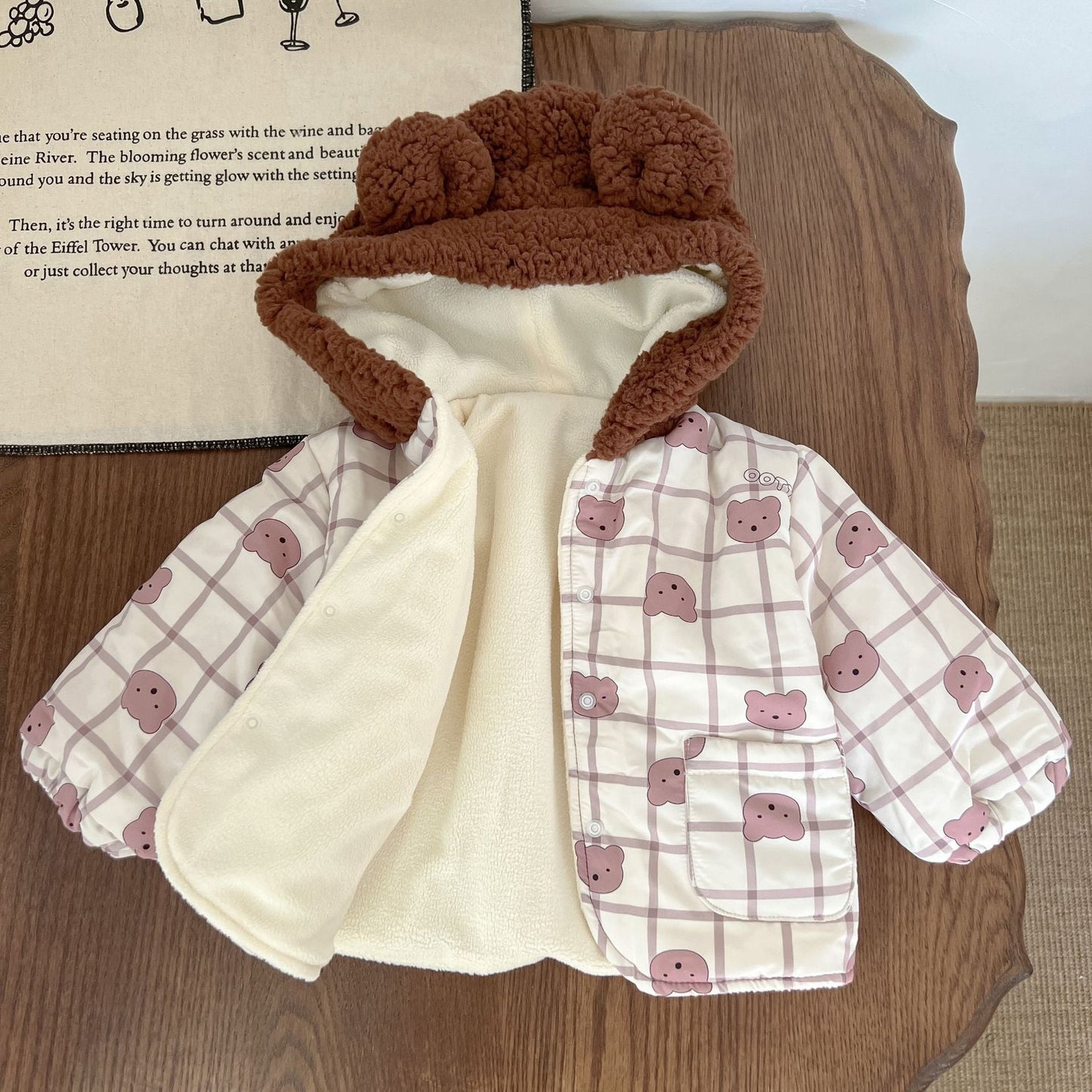 Baby Cute Bear Print Pattern Patchwork Hooded Padded Jacket