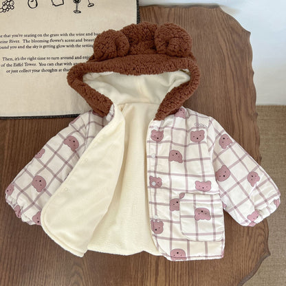 Baby Cute Bear Print Pattern Patchwork Hooded Padded Jacket