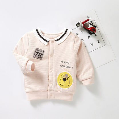 Baby Cartoon Bear Pattern Lapel Design Quilted Warm Coat