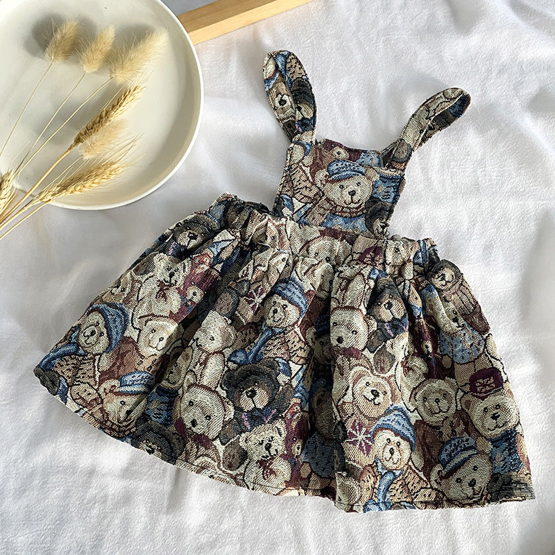 Baby Girls Solid Top Combo Cartoon Pattern Overalls Dress In Sets