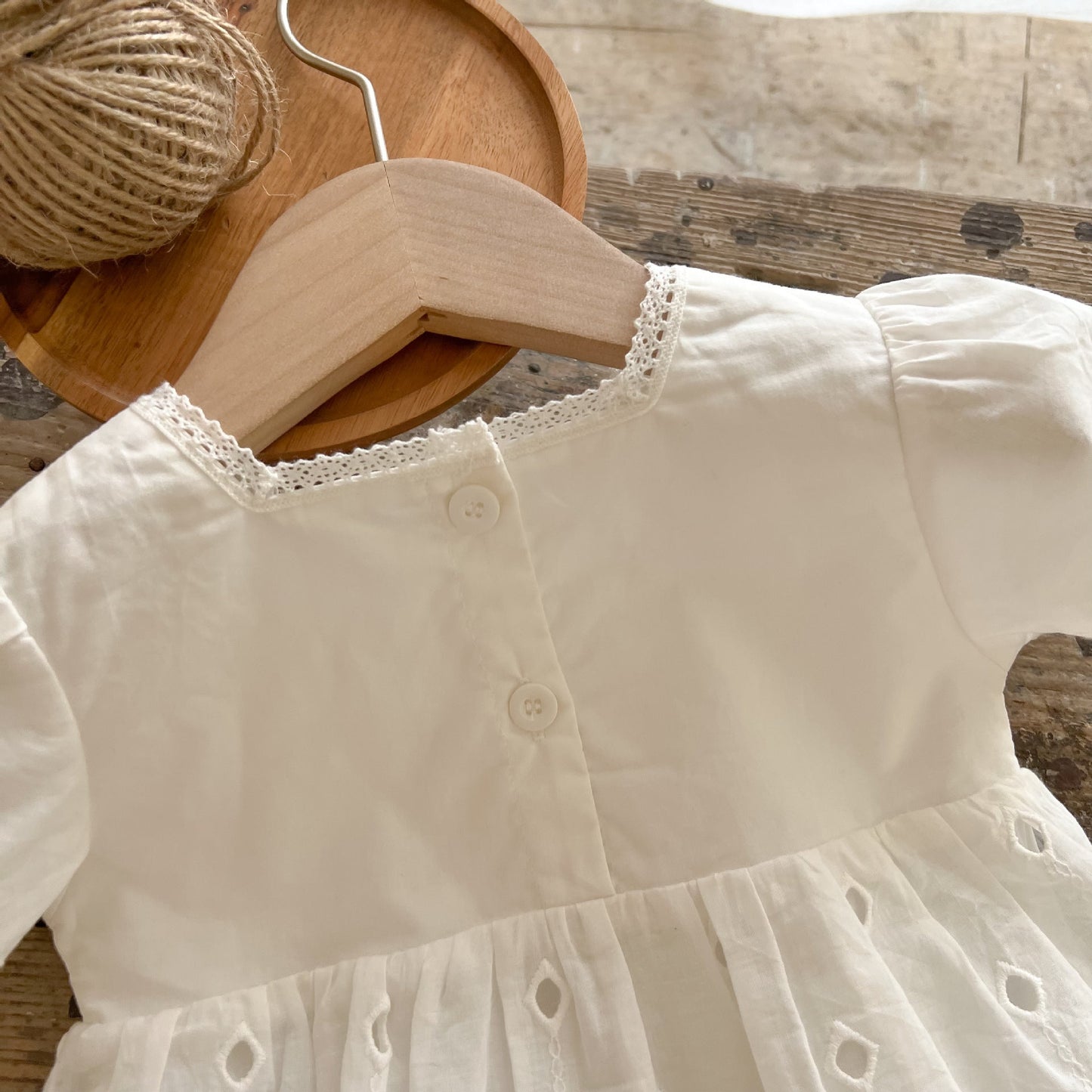 Baby Girl Solid Combo Embroidered Short-Sleeved Square Collar Dress
