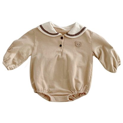 Baby Cartoon Bear Pattern Lapel Cute Long Sleeve Dress & Onesies