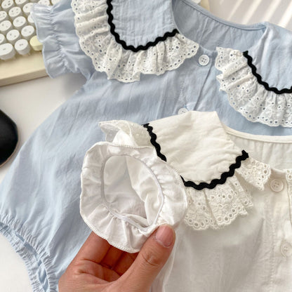 Baby Girl Solid Color Ruffle Neck Short Sleeve Onesies