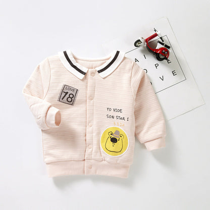 Baby Cartoon Bear Pattern Lapel Design Quilted Warm Coat