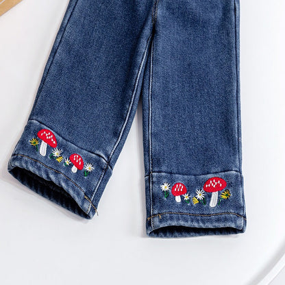 Baby Girl Embroidered Pattern Thickened Fleece Denim Pants