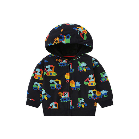 Baby Boy All Over Excavators Pattern Zipper Front Design Coat