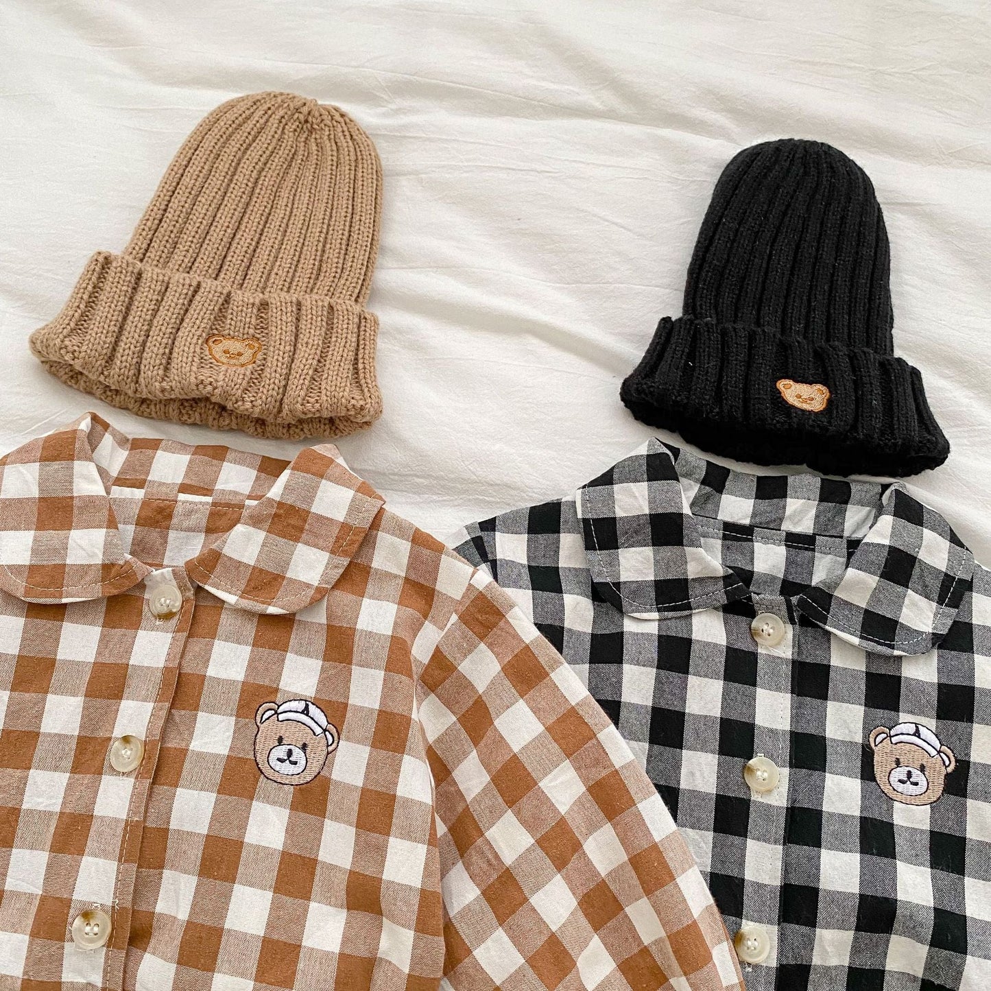 Baby Checkerboard Pattern Bear Patched Design Coat