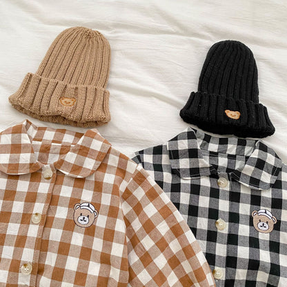Baby Checkerboard Pattern Bear Patched Design Coat