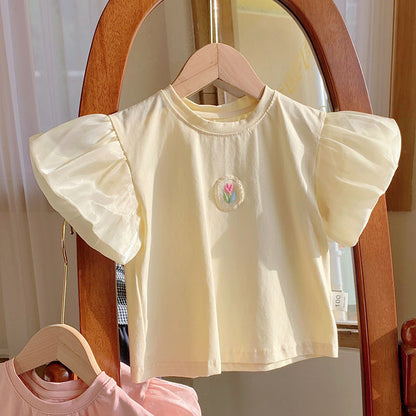 Summer New Design Girls Crew Neck Short Lantern Sleeves Little Flower