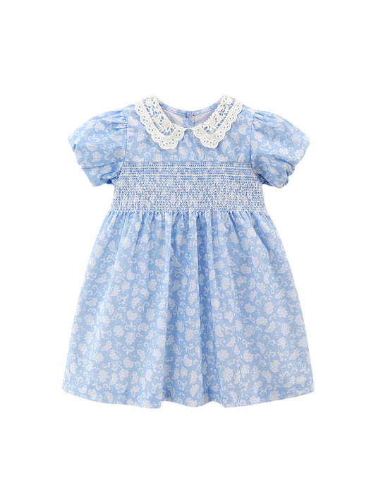 Baby Kids Girls Lace Collar Floral Design Short Sleeves Dress