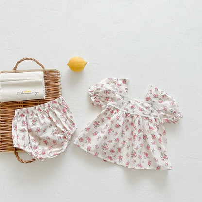 Baby Girl Floral Print Squared Collar Short Sleeved Dress Combo Short