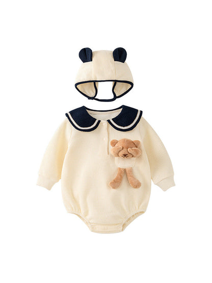 Autumn Doll Bear Patched Design Onesies With Hats