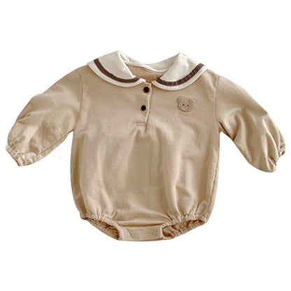 Baby Cartoon Bear Pattern Lapel Cute Long Sleeve Dress & Onesies