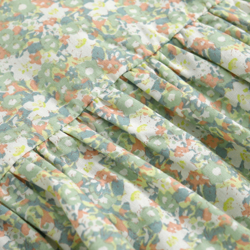 Baby Girls Floral Print Pattern Round Collar Puff Sleeves Onesies In