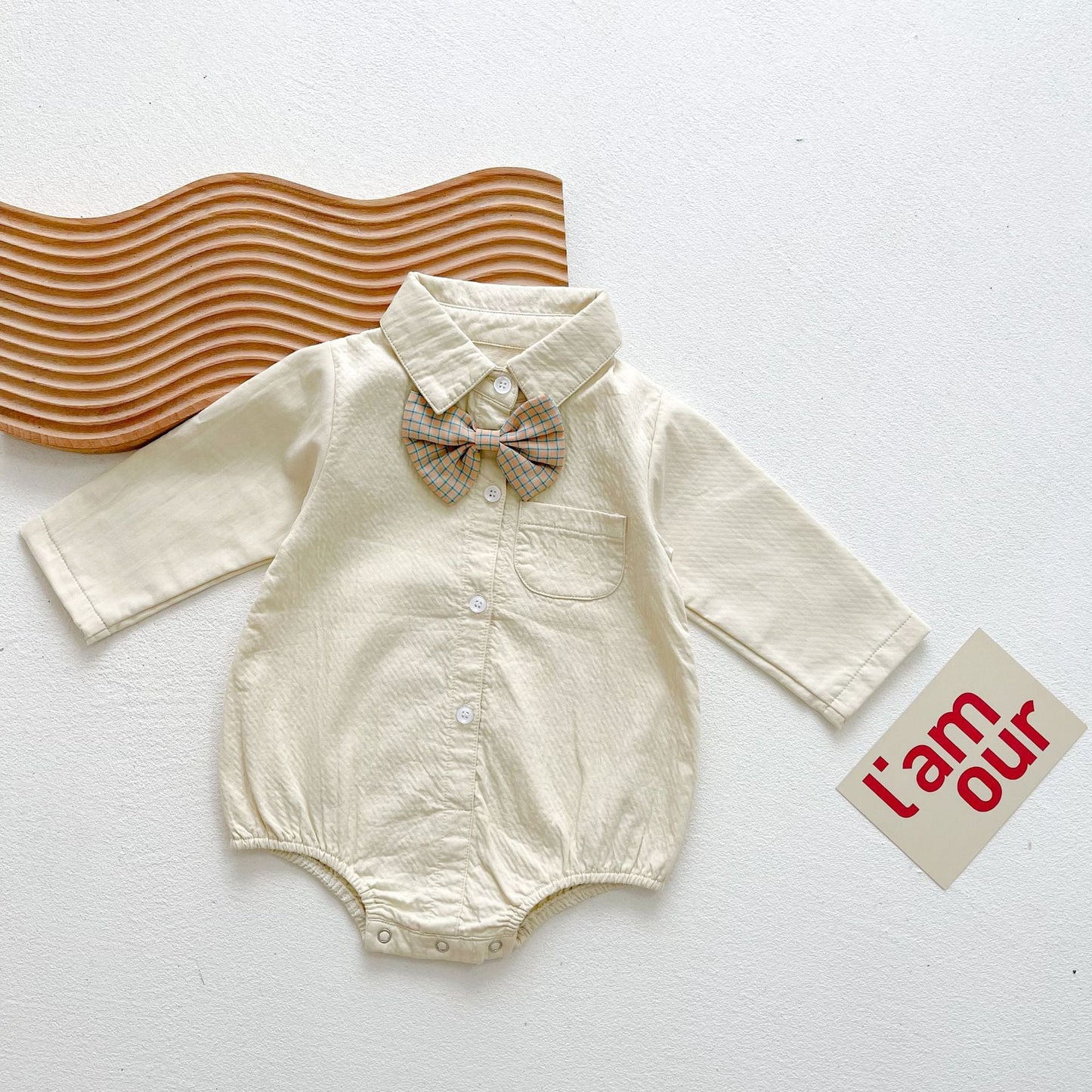 Baby Boy Solid Color & Bear Print Shirt Single Breasted Design