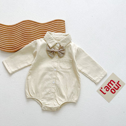 Baby Boy Solid Color & Bear Print Shirt Single Breasted Design
