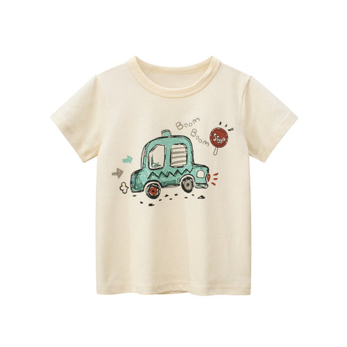 Baby Boy Cartoon Car Print Solid Color T-Shirt In Summer
