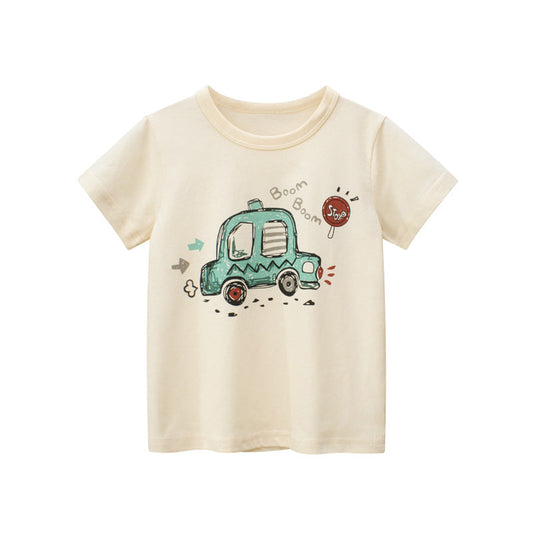 Baby Boy Cartoon Car Print Solid Color T-Shirt In Summer