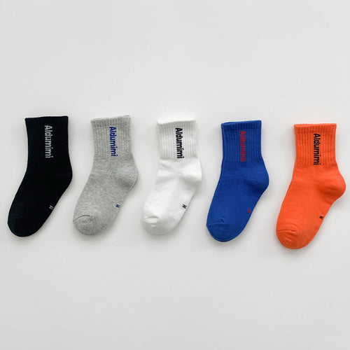Baby Solid Color Letter Print Pattern Mid-Tube Socks 1bag=5pairs