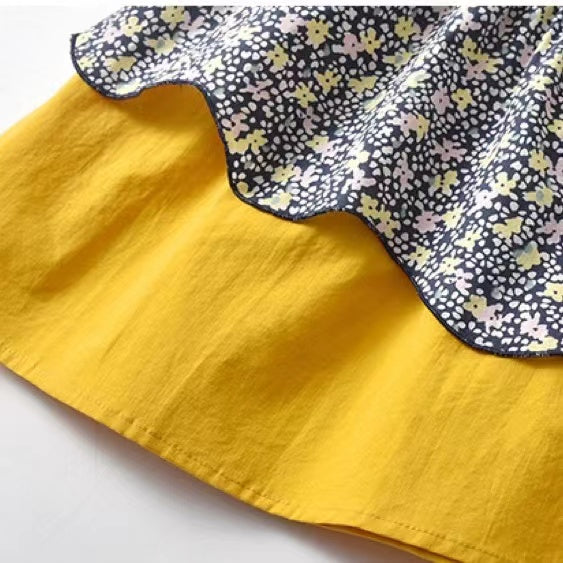 Baby Girl Floral Print Doll Neck Patchwork Design Cotton Dress