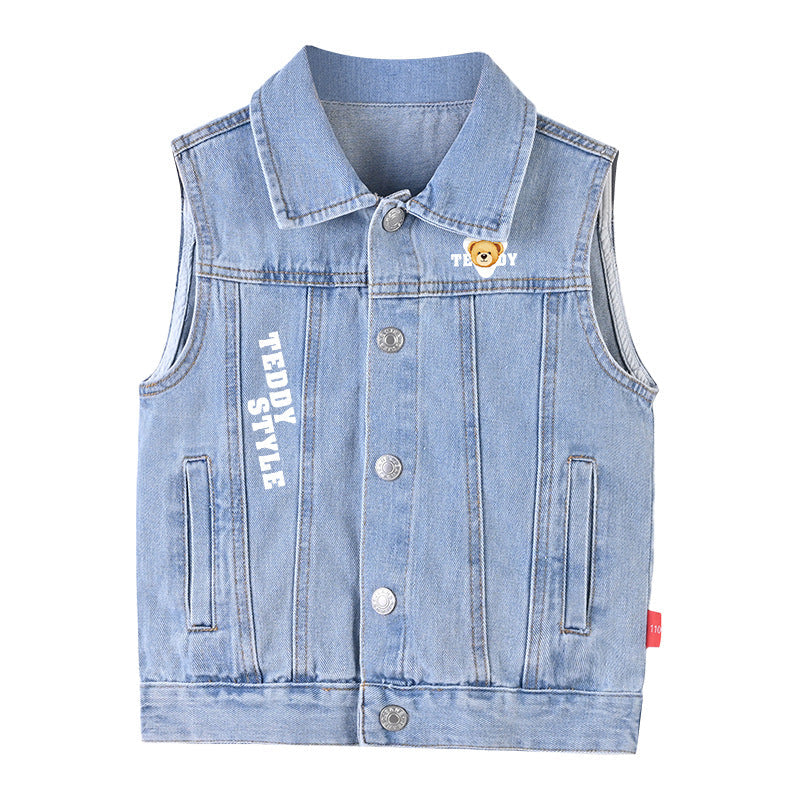 Baby Cartoon And Slogan Print Pattern Sleeveless Denim Jacket
