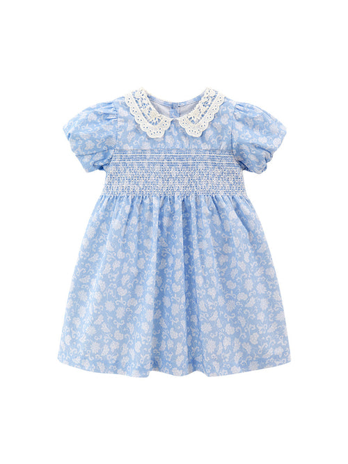 Baby Kids Girls Lace Collar Floral Design Short Sleeves Dress