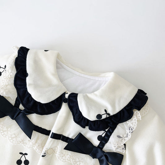 Baby Girl CHerry Pattern Mesh Patched Design Thermal Romper
