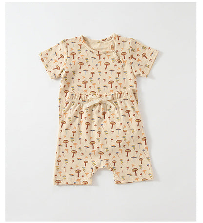Baby Printed Pattern Round Collar With Button Short-Sleeved Top Combo