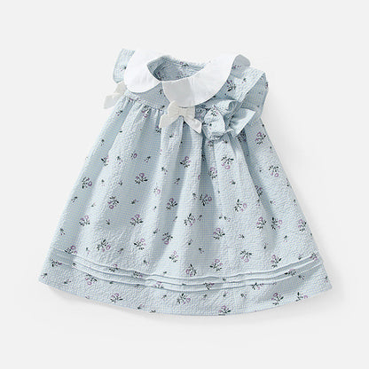 Baby Girl Flower Graphic Bow Tie Decoration Plaid Dress