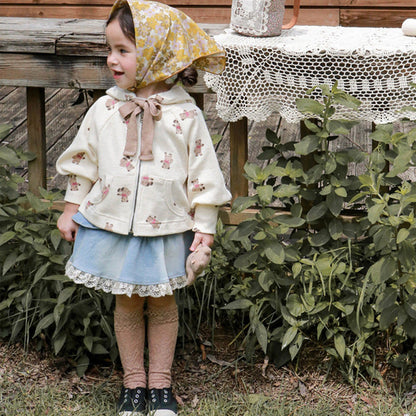 Baby Girl Waffle Knit Fabric Bear Pattern Zipper Jacket Coat