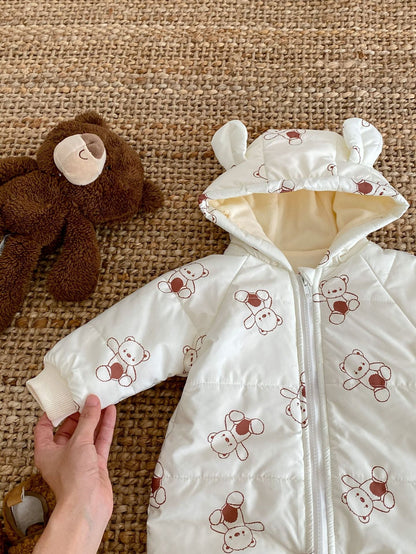 Baby Toddler Boy And Girl Bear Print Thicken Long Sleeve Jumpsuit