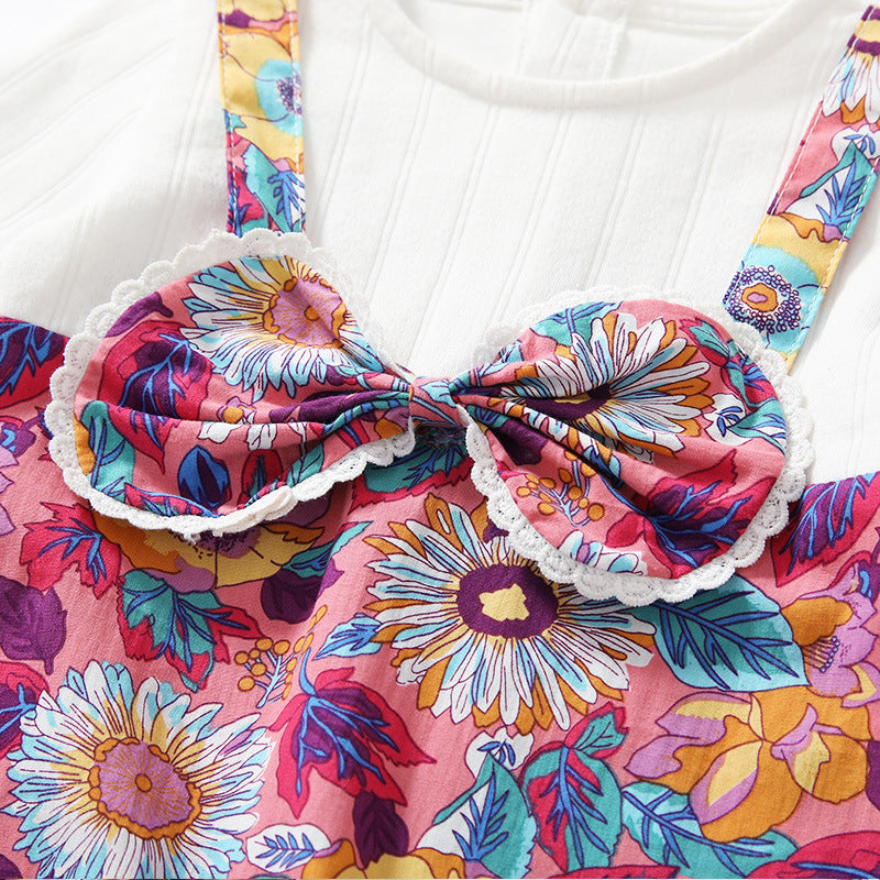 Baby Girl Floral Pattern Bow Decoration O-Neck Long Sleeves Strap