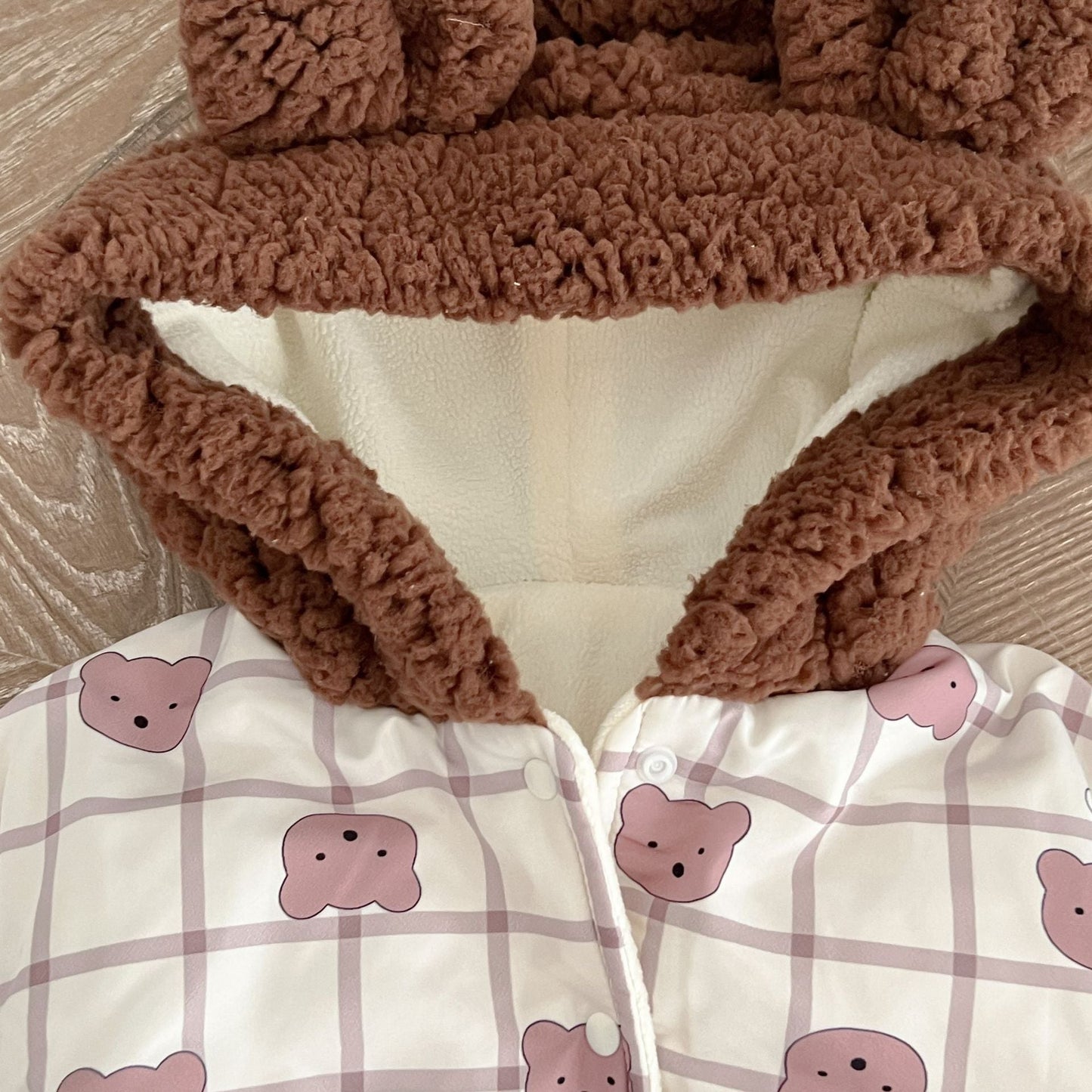 Baby Cute Bear Print Pattern Patchwork Hooded Padded Jacket
