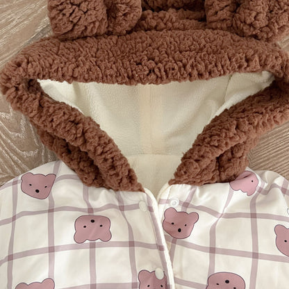 Baby Cute Bear Print Pattern Patchwork Hooded Padded Jacket