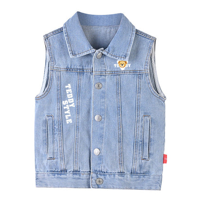 Baby Cartoon And Slogan Print Pattern Sleeveless Denim Jacket