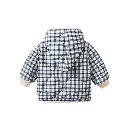 Baby Girl Plaid Pattern Zipper Front Design Thickened Jacket In Winter