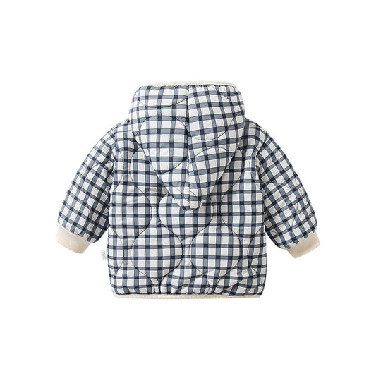 Baby Girl Plaid Pattern Zipper Front Design Thickened Jacket In Winter