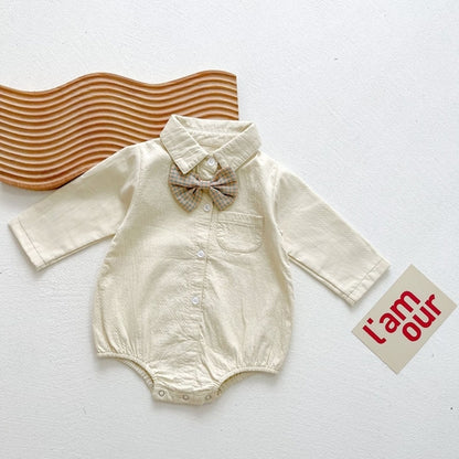 Baby Boy Solid Color & Bear Print Shirt Single Breasted Design