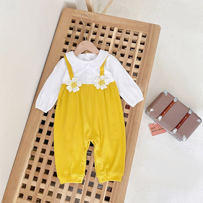 Baby Girl 3D Flower Patched Pattern False 1-Piece Design Doll Neck