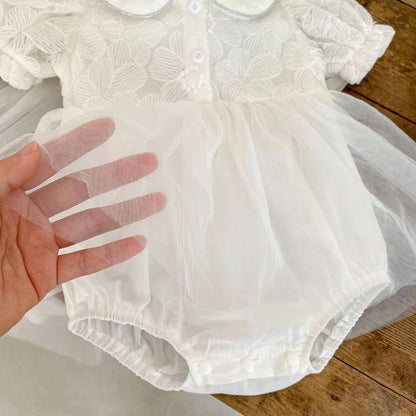 Baby Girl Solid Color Mesh Patched Design Summer Onesies Dress