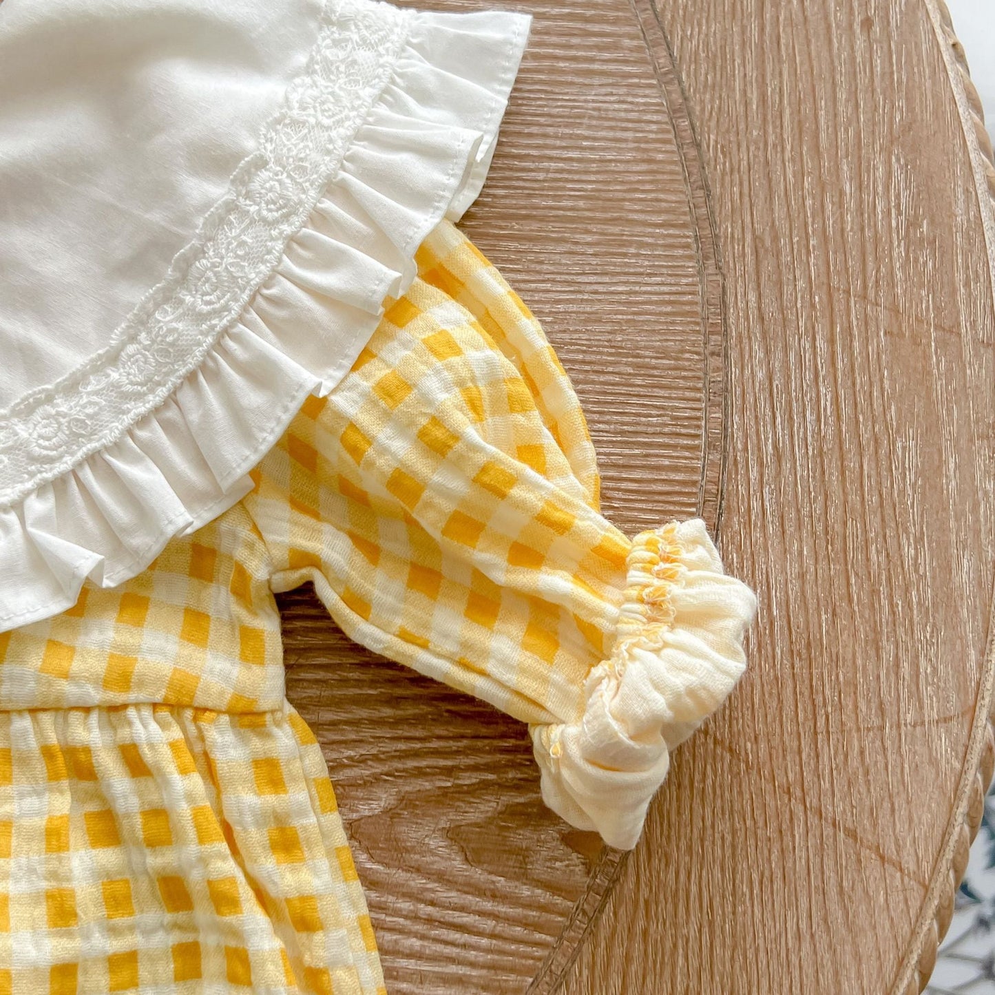 Baby Girl Yellow Plaid Pattern Ruffle Lapel Design Bodysuit