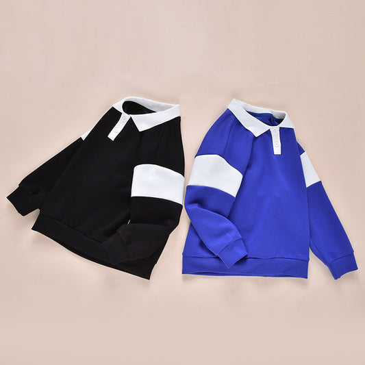 Baby Color Contrast Pattern Quarter Button Design Polo Neck Hoodie