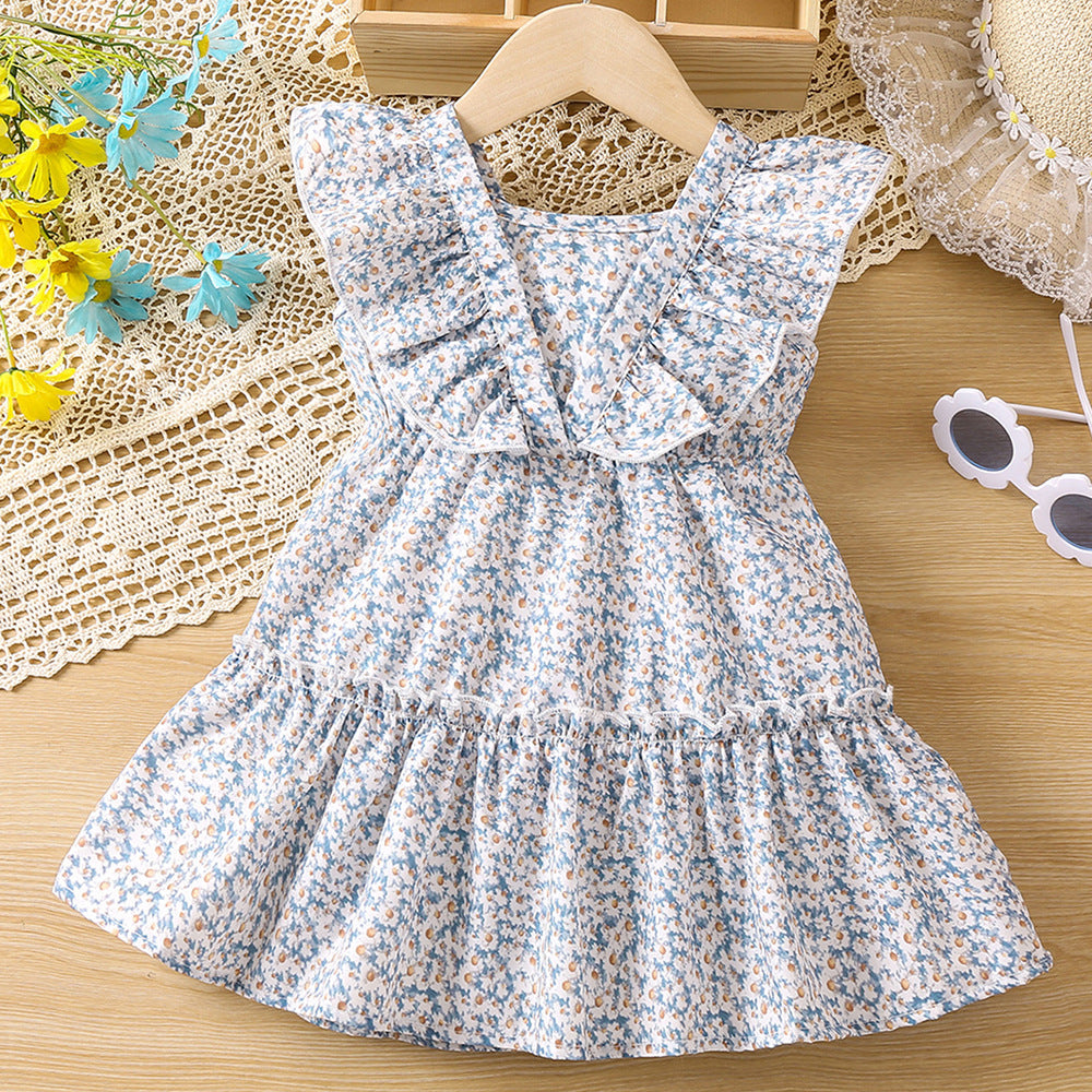 Baby Girl Ditsy Flower Pattern Ruffle Neck Dress